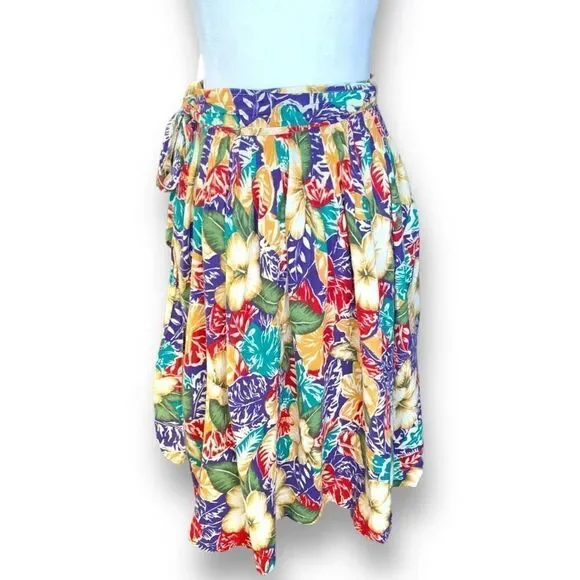 Vintage 90s Petite Skirt Colorful Tropical Hibiscus Floral Midi Wrap Bow Detail - Picture 4 of 10